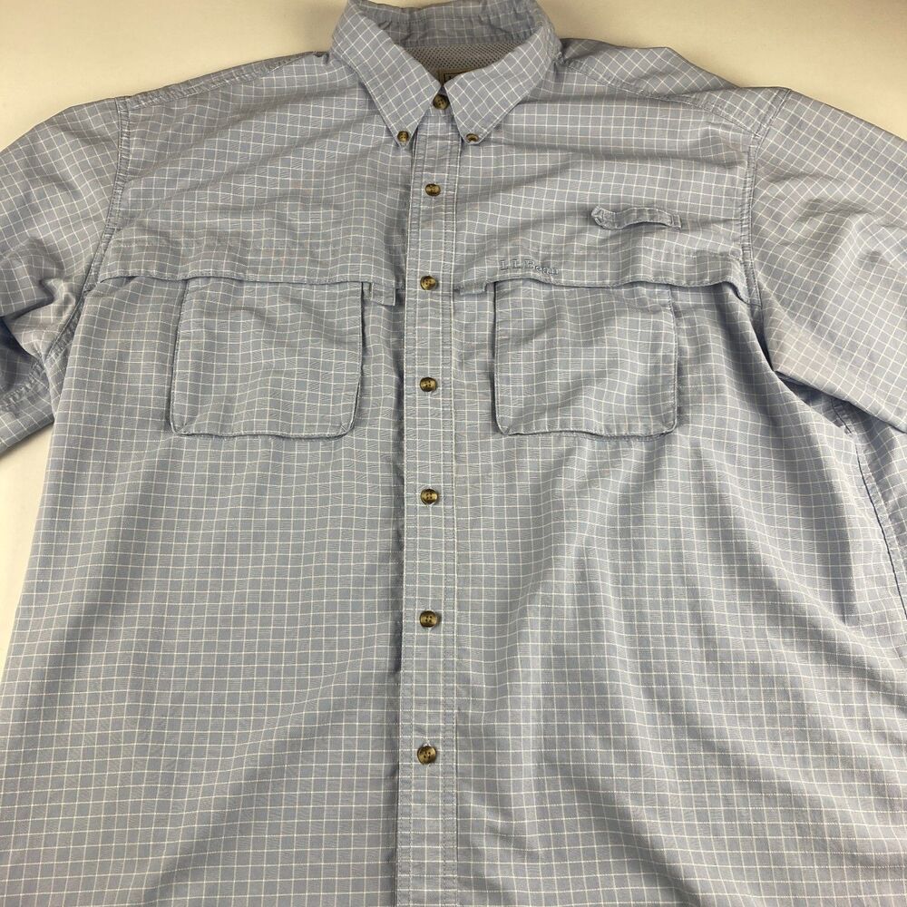 LL Bean Mens XL Tall Fishing Shirt Blue Plaid Vented Outdoor Button Up